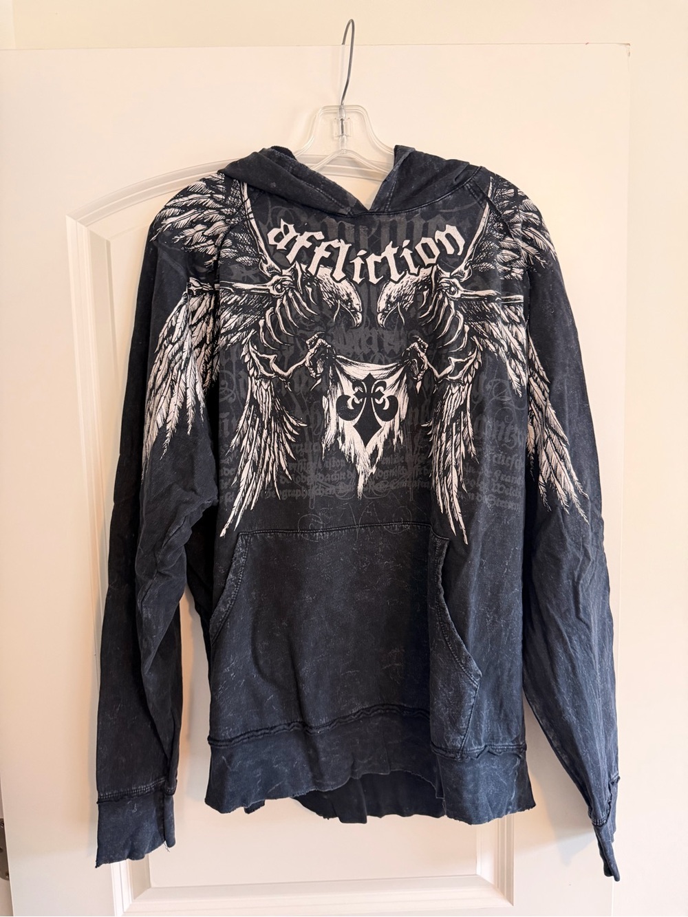 Affliction Black Hoodie with White Winged Skull Graphic